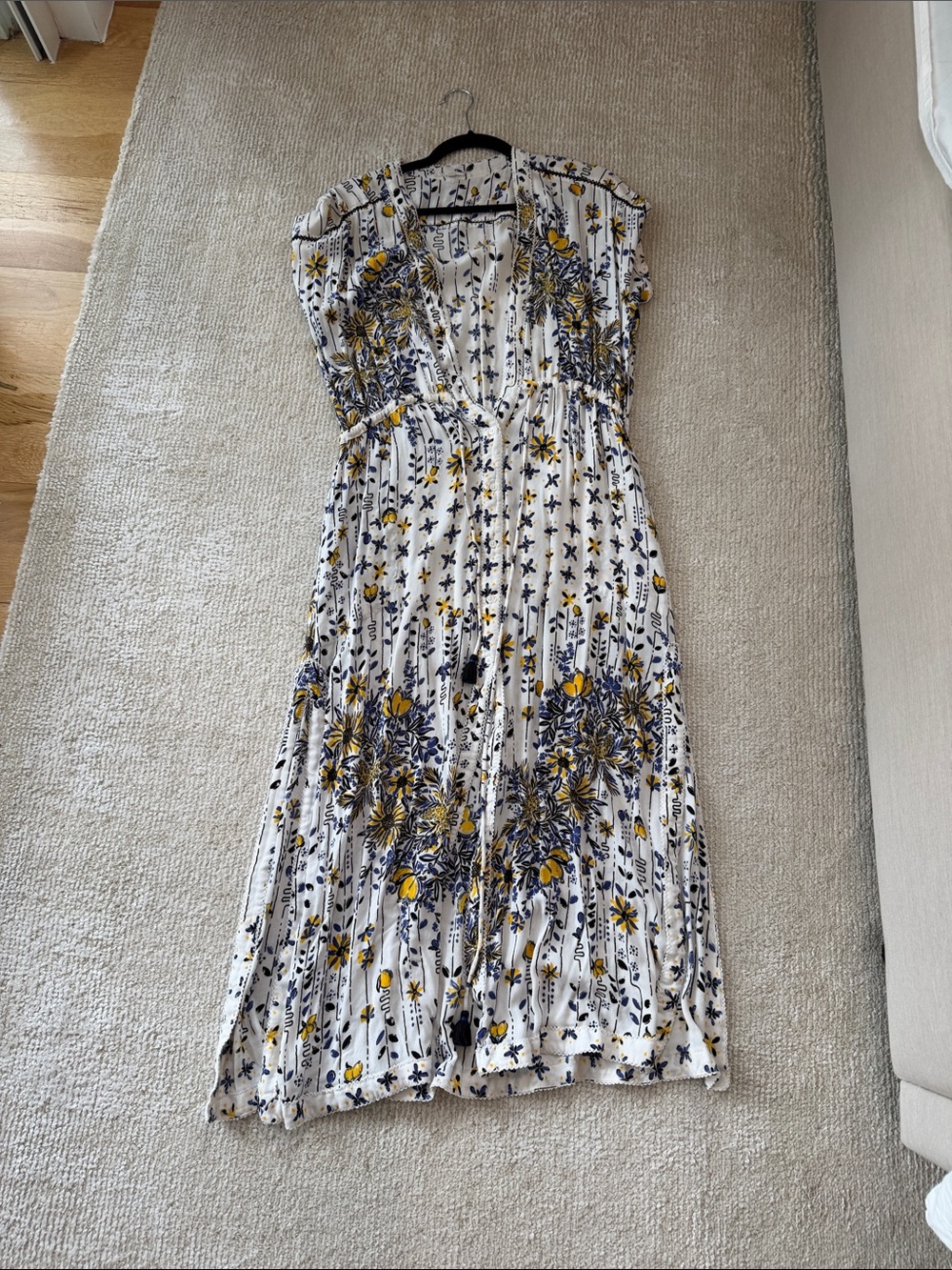 Poupette St. Barth White Maxi Dress with Yellow & Blue Floral Print